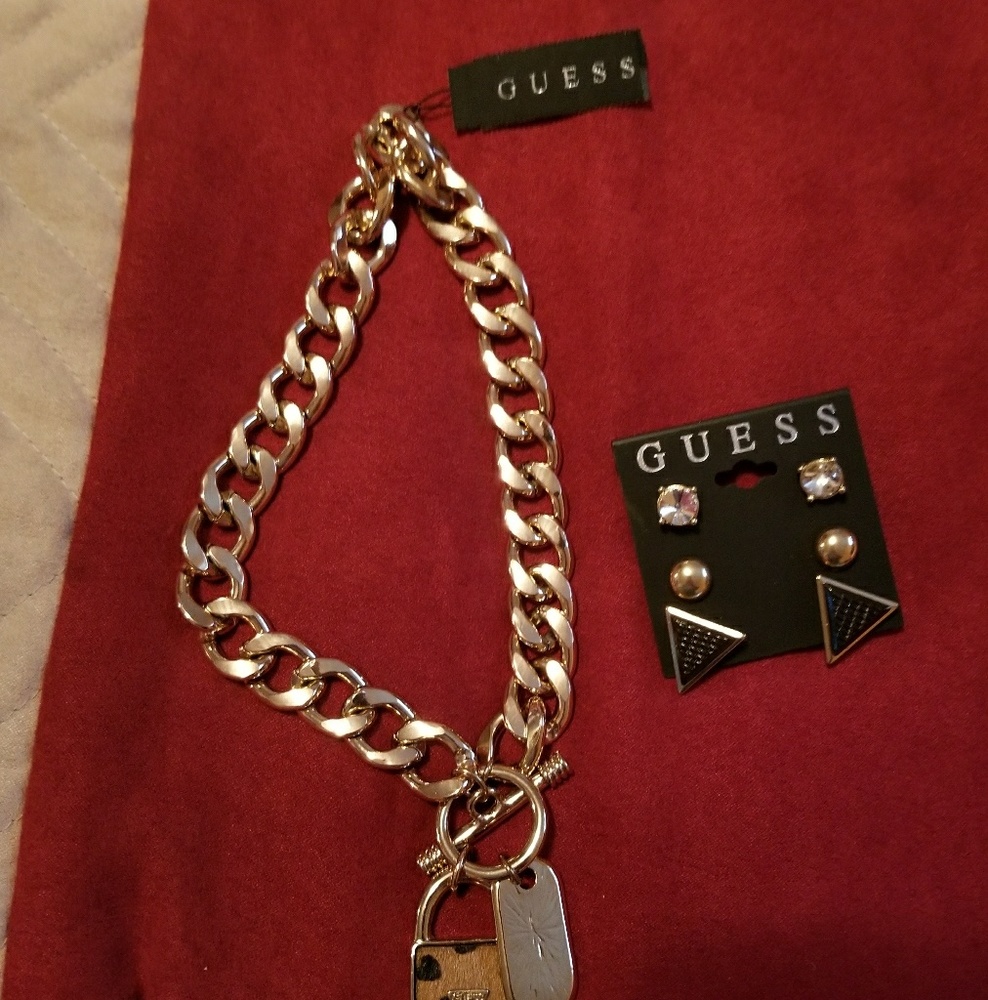 Guess Necklace and three pair of earrings set